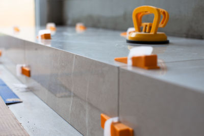 Close-up of piano on table