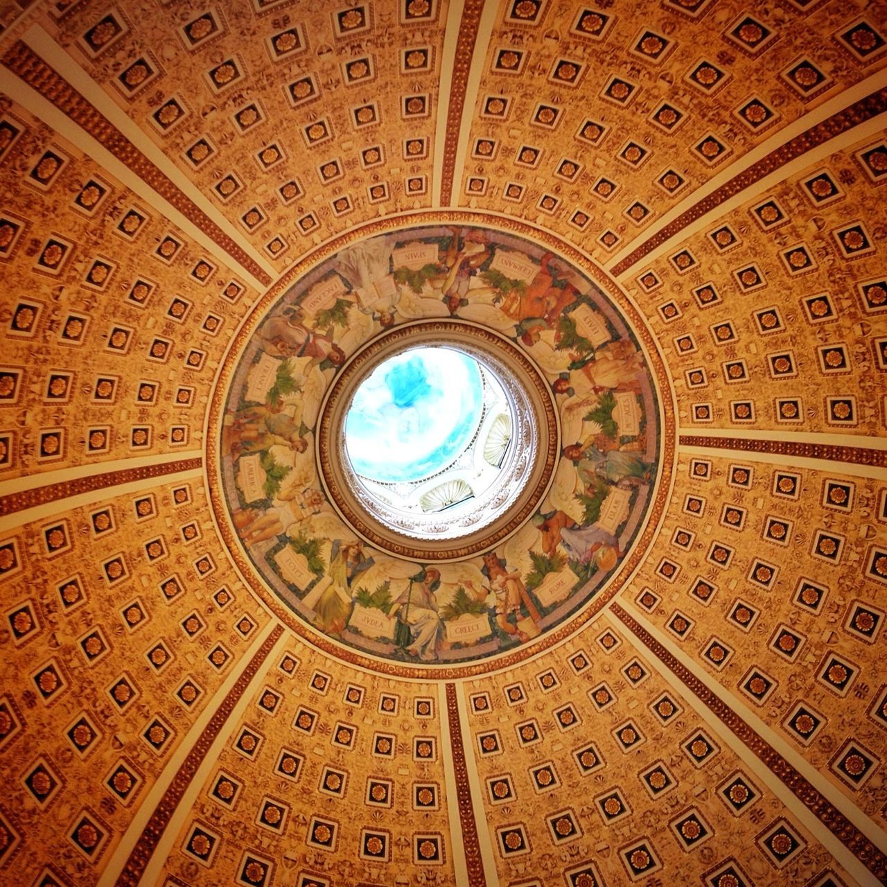 indoors, ceiling, architecture, pattern, built structure, design, ornate, architectural feature, famous place, directly below, circle, dome, history, travel destinations, tourism, low angle view, travel, geometric shape, backgrounds, international landmark