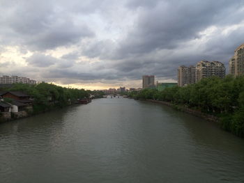 River in city against sky