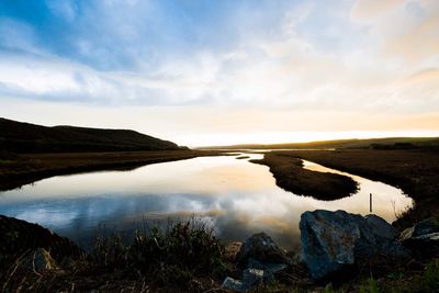 Scenic view of lake against sky during sunset