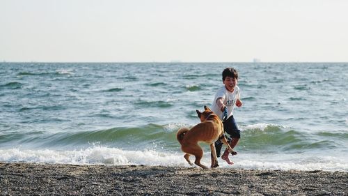 Full length of boy playing with dog at beach