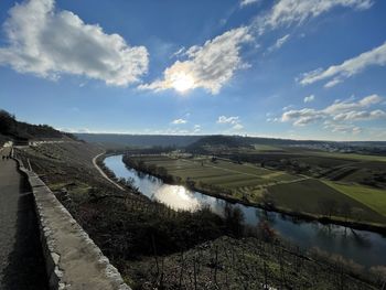 Panoramic view of road amidst field against sky