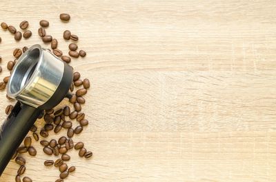 High angle view of coffee beans on table