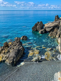 Rocks on sea shore against sky