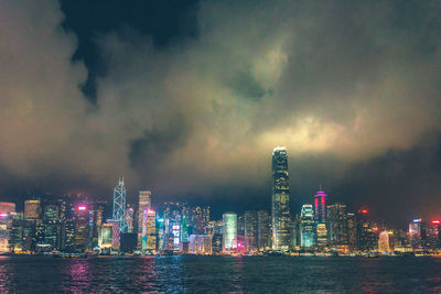 Illuminated buildings in city against sky