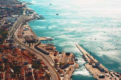 High angle shot of sea and city