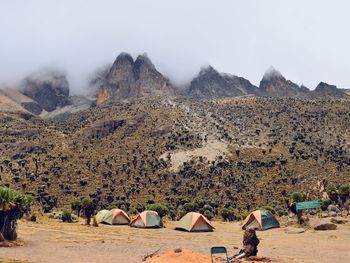 Camping in the panoramic mountain landscapes against sky, mount kenya national park, kenya 