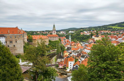 High angle view of houses in city