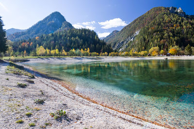 Scenic view of lake and mountains against sky