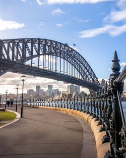 Low angle view of sydney harbor bridge on a sunny day 