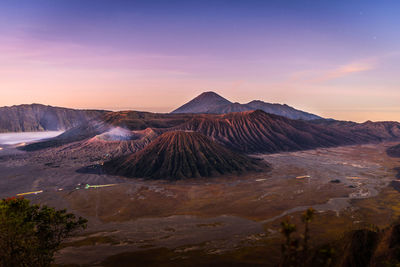 View of volcanic mountain during sunset