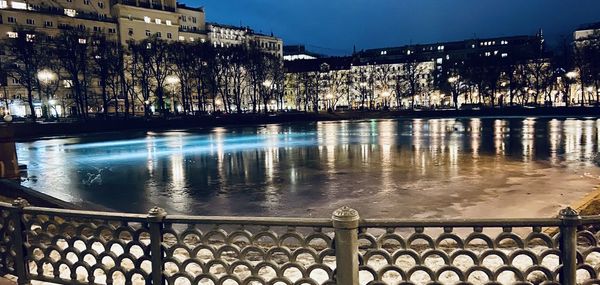 Bridge over river in city at night