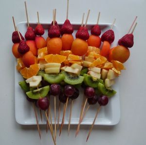 Fresh fruits on skewers in plate