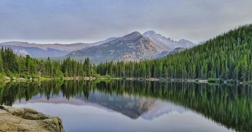 Scenic view of lake by mountains against sky