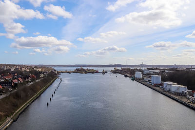 Different views at kiel canal from the big kiel canal bridge in northern germany.