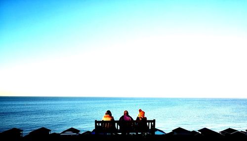 People sitting by sea against clear sky
