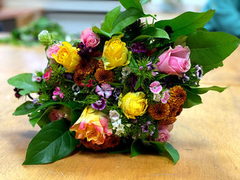 Close-up of multi colored flower pot on table