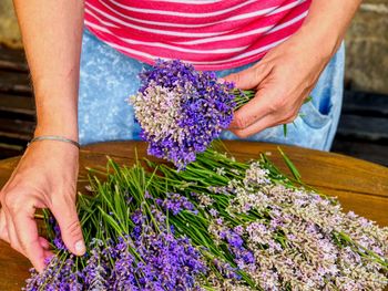 Lavender flowers, hands and preparing of nice smells bouquets on working table. french garden.