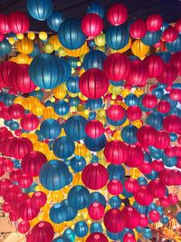 Multi colored illuminated lanterns hanging from ceiling