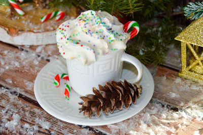 Close-up of christmas decorations on table