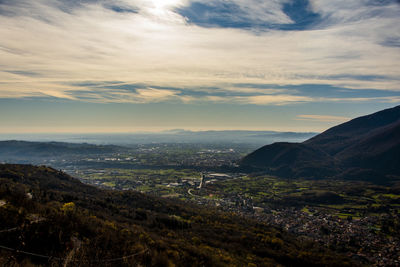 View of the venetian plain between the pre-alps seen from caltrano, vicenza, italy