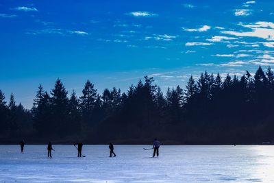 People on snowy field against sky