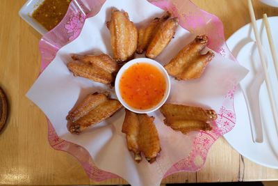 High angle view of breakfast on table