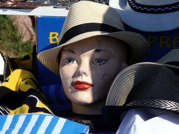 Close-up of hat in mannequin
