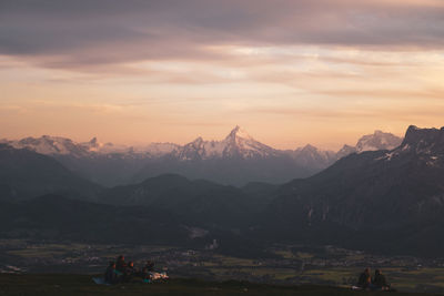 Scenic view of mountains against sky during sunset