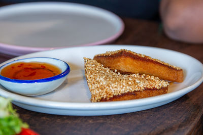 High angle view of breakfast served on table