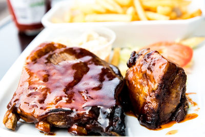 Close-up of steak served in plate