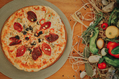 High angle view of pizza in bowl on table