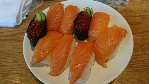 Close-up of sushi served on table