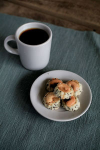 High angle view of breakfast served on table