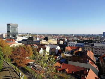 High angle view of townscape against clear blue sky