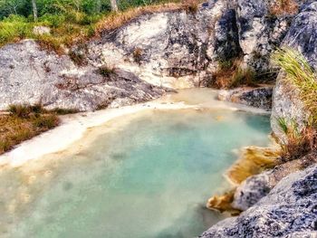 High angle view of water flowing through rocks