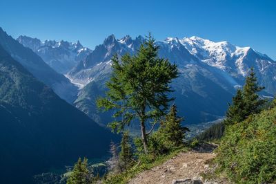 Scenic view of mountains against clear blue sky