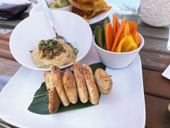 High angle view of food served on table