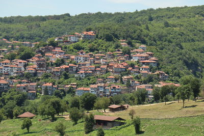 High angle view of townscape against trees and houses