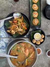 High angle view of food served on table