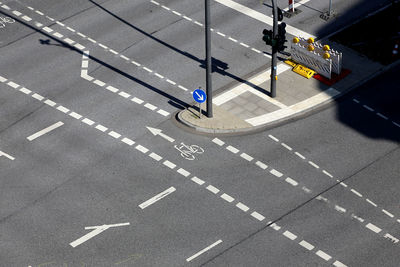 High angle view of road markings on city street