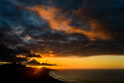 Scenic view of mountains by sea against sky during sunset