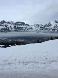 Scenic view of snowcapped mountains against sky