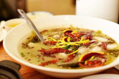 Close-up of soup in bowl on table