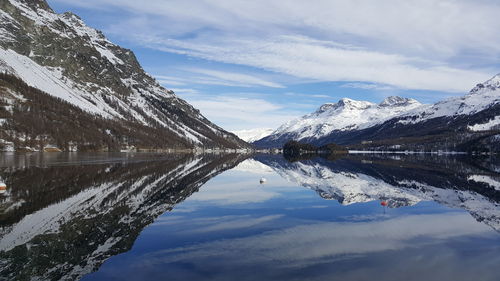 Scenic view of lake by snowcapped mountain against sky