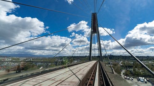 Railway bridge in city against sky