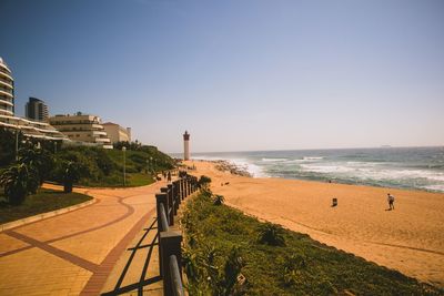 Scenic view of beach against clear sky