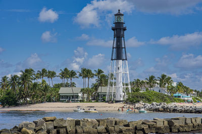 Lighthouse by sea against sky