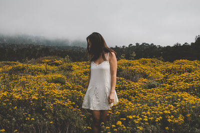 Young woman standing amidst yellow flowers on field