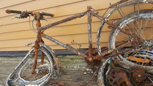 High angle view of abandoned bicycle wheel